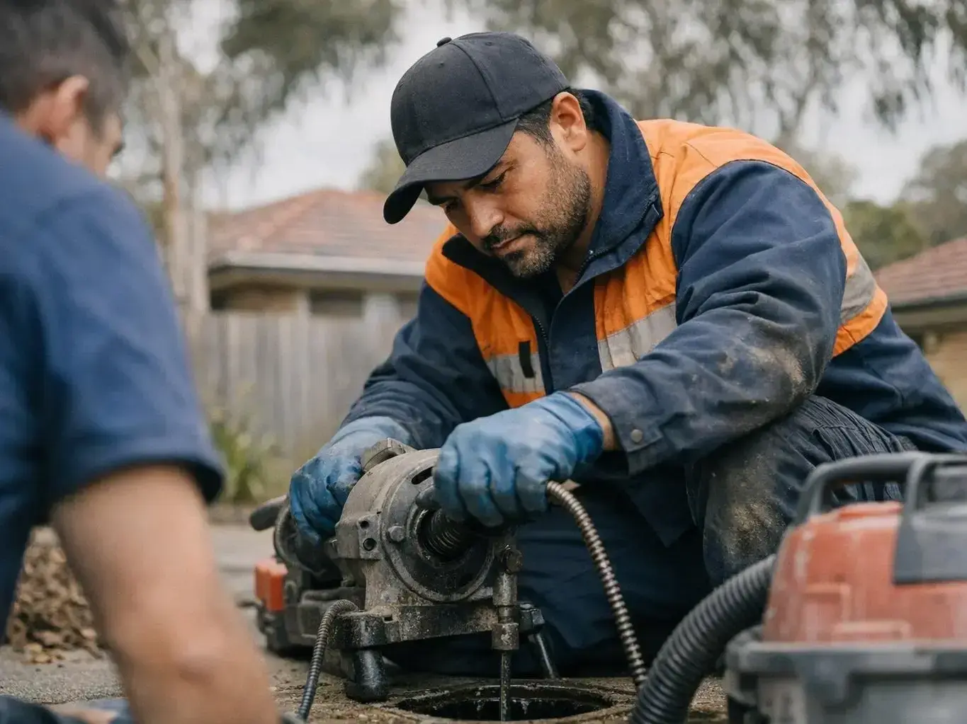 Plumber using drain snake to clear toilet blockage in Melbourne bathroom