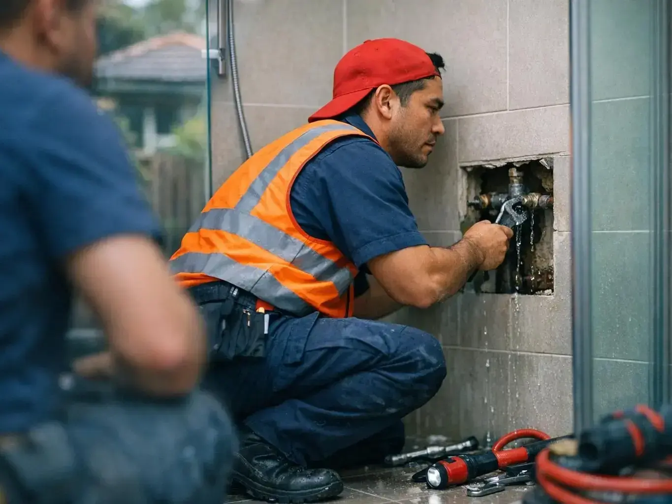 Licensed gas fitter servicing hot water system in Bentleigh East apartment building