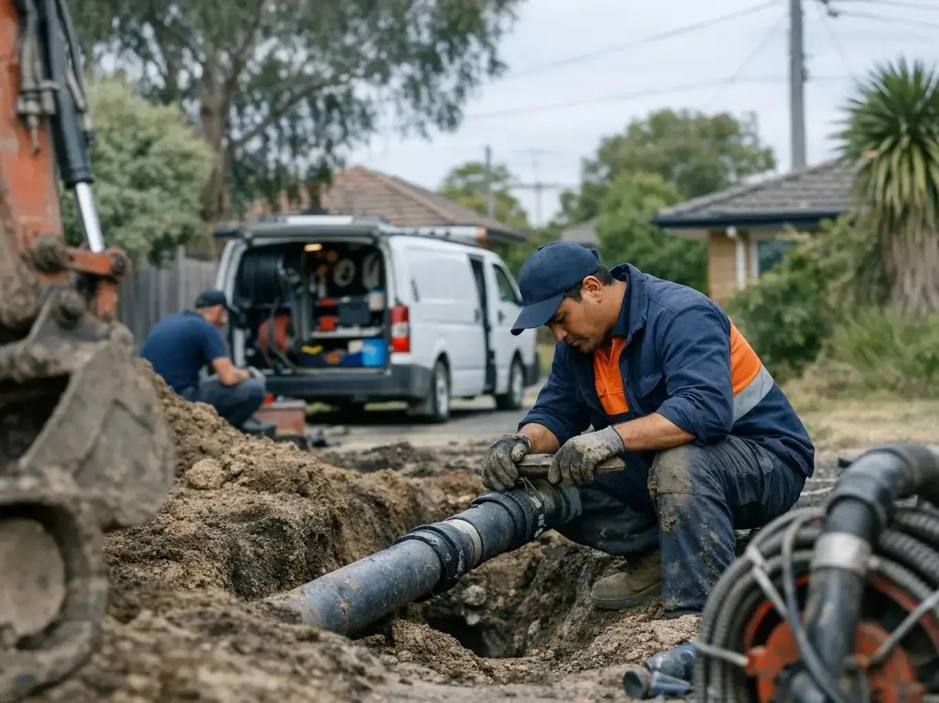 Burst pipe repair under driveway in Saint Albans residential property during winter rain