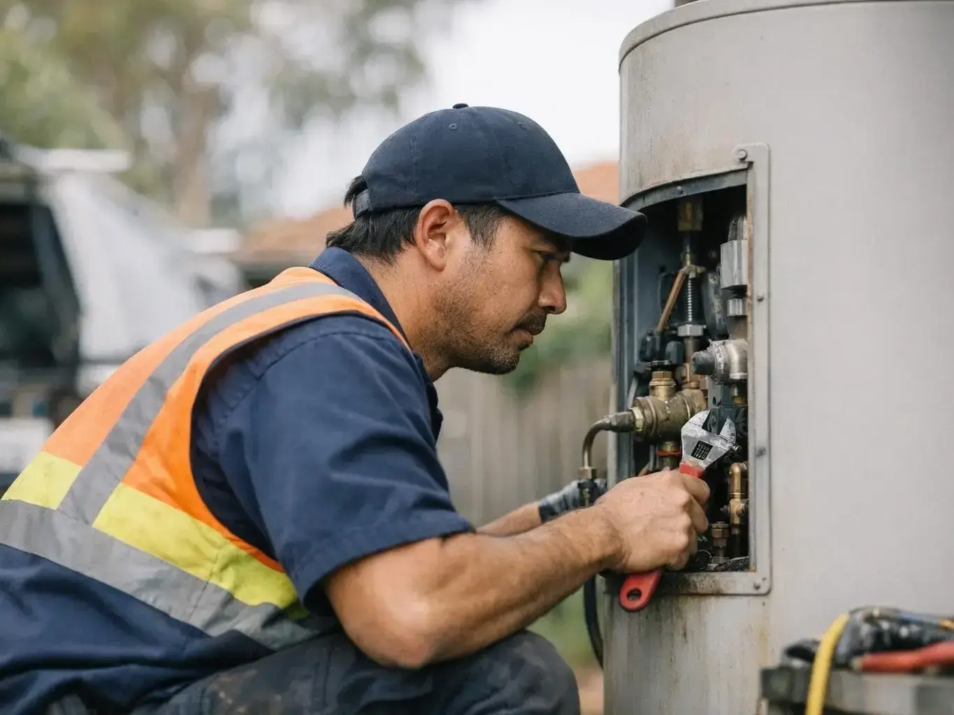 Emergency plumber fixing burst pipe in Saint Albans 1970s brick home